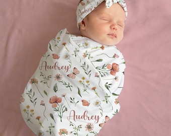 Baby Girl Wildflower Swaddle set- Custom Blanket Headband Set -Baby Shower Gift Name Announcement -Personalized Baby Girl Swaddle Set -sb645