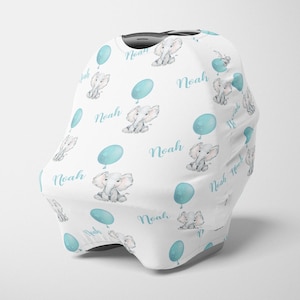 Gepersonaliseerde Boy Car Seat Canopy, Stretchy Car Seat Cover, Elephant & Balloon Carseat 4 in 1 Cover, Boy Carseat Canopy, Custom Nursing Cover