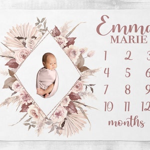 Baby Girl Milestone Blanket, Boho Floral Baby Milestone Blanket with, Personalized Baby Girl Blanket, Custom Month Blanket, Baby Shower Gift