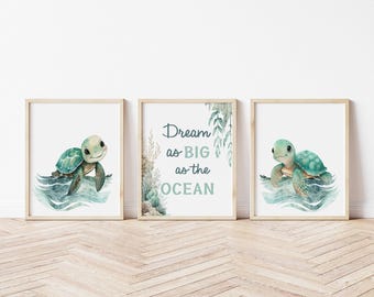Baby Sea Turtle Nursery Wall Art, Under the Sea Art - Set of 3 Ocean Nursery Art Prints, Sea Turtle Wall Art Set of Digital Prints 561