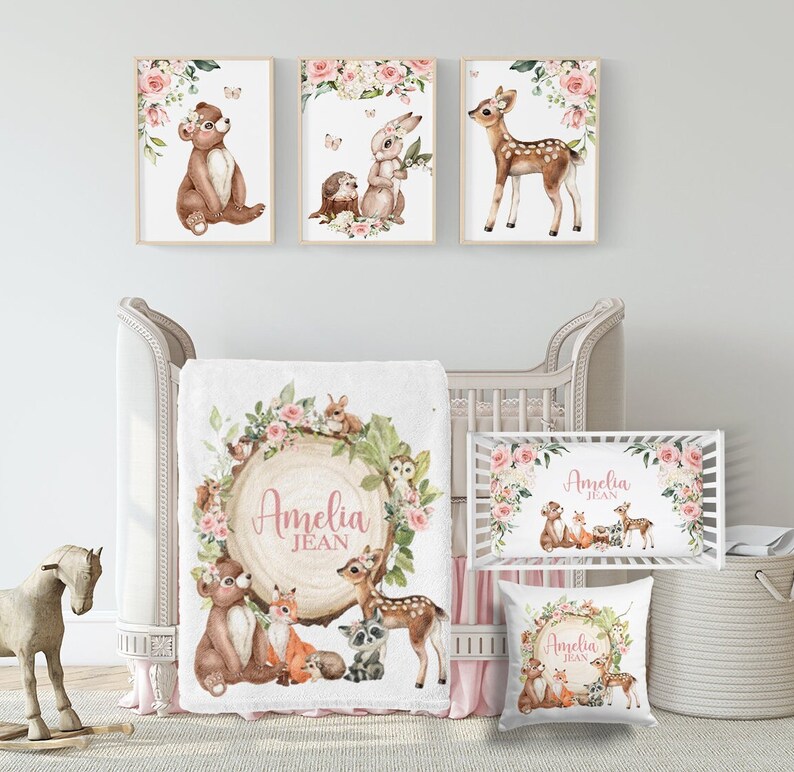 Baby Girl Woodand Nursery Wall Art, Floral Woodland Animal Set of 3 ...