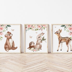 Baby Girl Woodland Animal Art Prints - Set of Three Baby Floral Woodland Animal Canvases- Baby Girl&#39;s Wall Art - Playroom Wall Art - A550