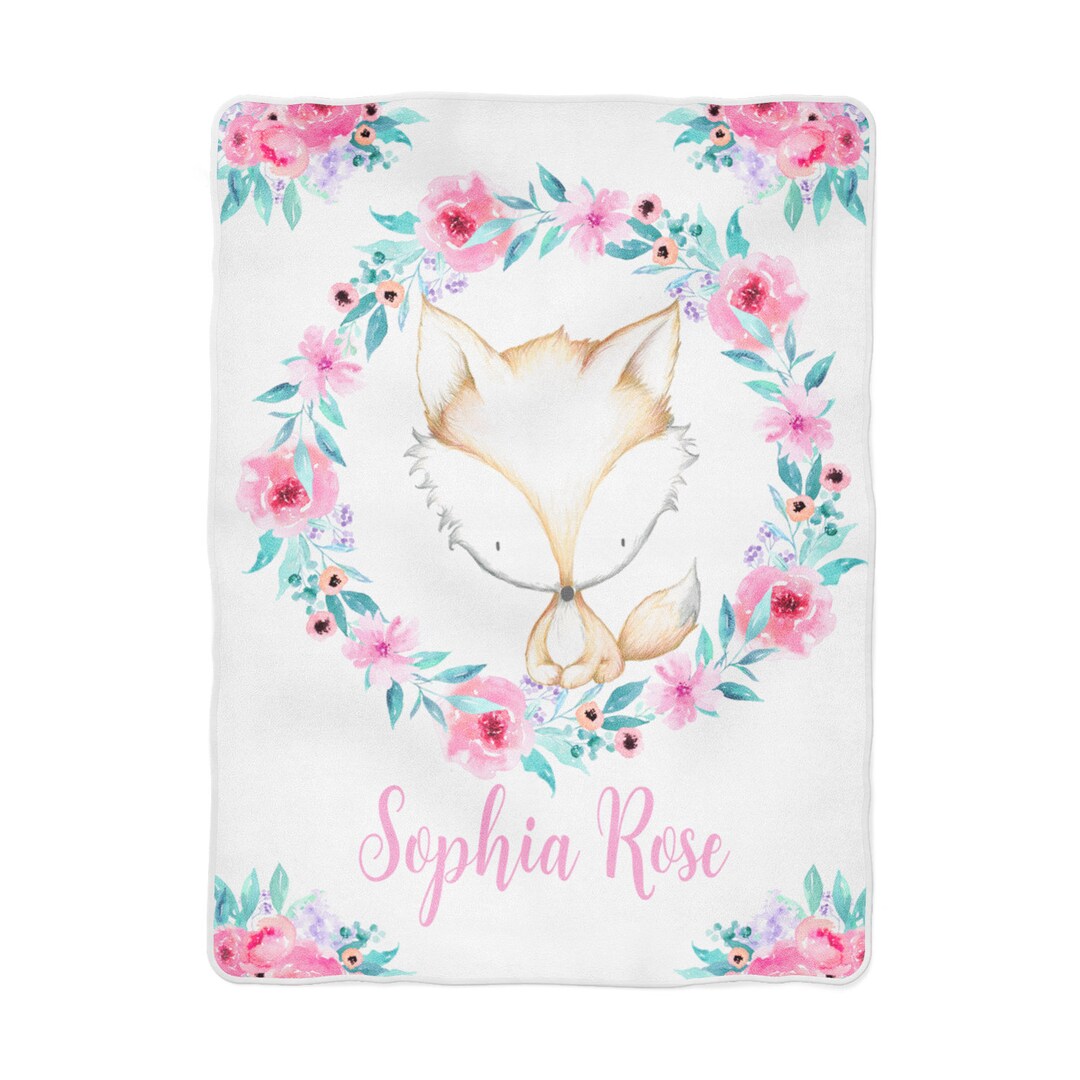 Personalized Baby Blanket With Fox and Aqua Pink Floral Wreath in