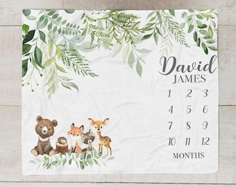 Woodland Animal Milestone Blanket Boy, Personalized Baby Boy Blanket, Forest Animal baby Month Blanket, Fox Bear Blanket, Baby Shower SM568
