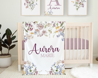 Personalized Wildflower Blanket with Name, Personalized Baby Girl Blanket, Custom Toddler Girl Name Blanket, Floral Baby Blanket  SB553