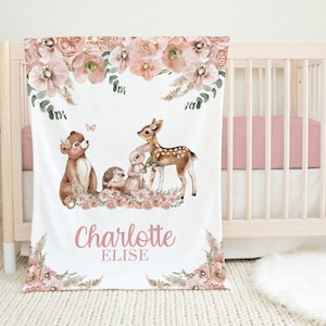 Personalized Woodland Blanket - Floral Woodland Animals Baby Girl Blanket -Woodland Babies Blanket -Baby Shower Gift- Woodland nursery A536