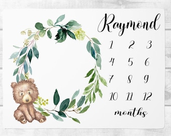 Woodland mijlpaaldeken, deken babyjongen maand, gepersonaliseerde babydeken babyjongen, aangepaste babydeken met beer, bos dieren beddengoed