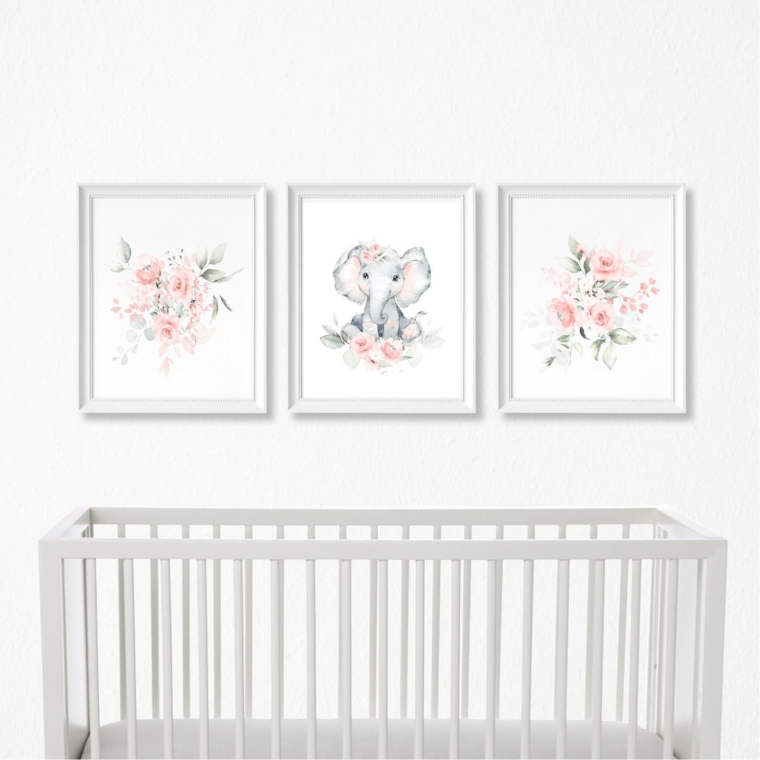 Baby Girl Elephant Nursery Wall Art, Floral Animal Set of 3 Printable ...