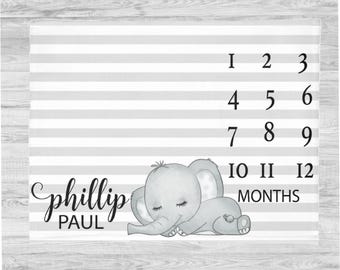Baby Elephant Milestone Blanket- Personalized baby boy blanket- Elephant Striped Baby blanket- Baby shower gift- Monthly Milestone Blanket
