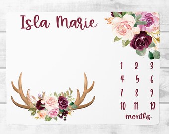 Boho Floral Milestone Blanket Girl, Floral Antler Baby Month Milestone Blanket, Personalized Baby Shower Gift, Personalized Newborn Blanket