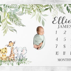 Safari Milestone Blanket Boy, Personalized Baby Boy Blanket, Safari Animal baby Blanket, Custom Blanket, Baby Gift, Baby Shower Gift SM114 image 2