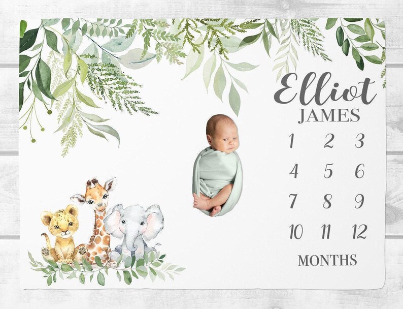 Safari Milestone Blanket Boy, Personalized Baby Boy Blanket, Safari Animal baby Blanket, Custom Blanket, Baby Gift, Baby Shower Gift SM114 image 2