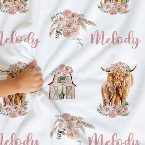 Floral Highland Cow Blanket- Personalized Baby Girl Blanket -Boho Floral Highland Cow Name Blanket- Name Reveal -Custom Shower Gift- SW542