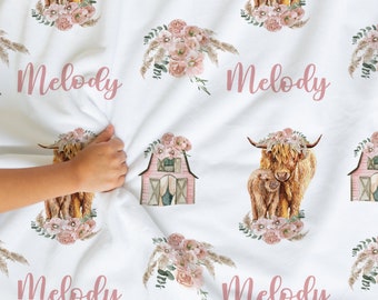 Floral Highland Cow Blanket- Personalized Baby Girl Blanket -Boho Floral Highland Cow Name Blanket- Name Reveal -Custom Shower Gift- SW542
