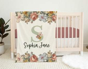 Personalized Baby Girl Blanket - Boho Baby Blanket with Name - Vintage Floral Baby Blanket -Baby Shower Gift- Boho Baby Crib Bedding