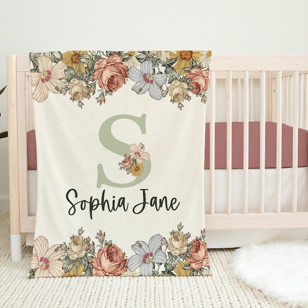 Personalized Baby Girl Blanket - Boho Baby Blanket with Name - Vintage Floral Baby Blanket -Baby Shower Gift- Boho Baby Crib Bedding