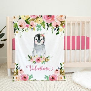 Personalized Baby Girl Blanket - Penguin Baby Blanket with Name - Baby Name Blanket -Baby Shower Gift- Custom Baby Bedding - Crib Bedding