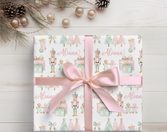 Personalized Nutcracker Christmas Wrapping Paper- Pink Mint and Gold Gift Wrapping Paper Custom Gift wrap With Name, Coquette aesthetic H114