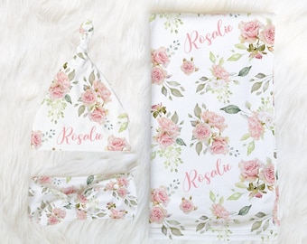 Rose Swaddle Blanket Headband Hat Set -Personalized Baby Shower Gift - Hospital Name Announcement - Personalized Baby Girl Blanket