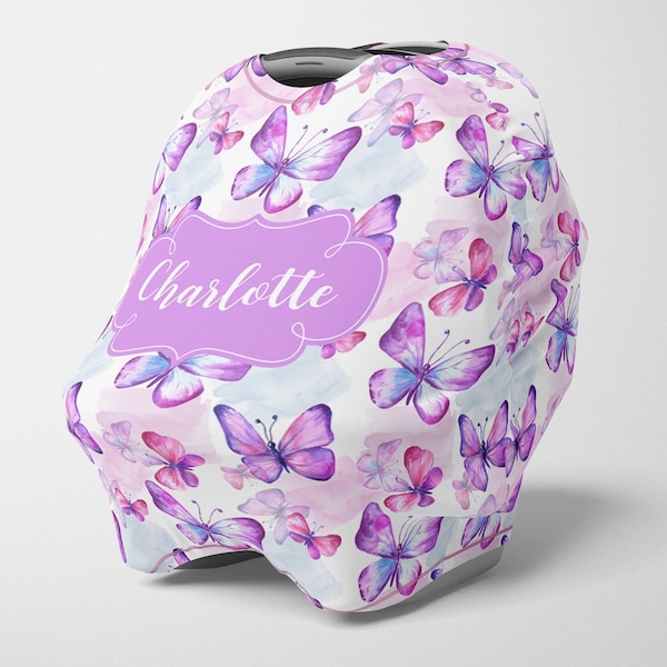 Floral Butterfly Carseat Cover- Personalized Baby Girl CarSeat Canopy,  Stretchy Floral Car seat Cover,  Custom Baby Shower Gift SC153