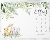Safari Milestone Blanket Boy, Personalized Baby Boy Blanket, Safari Animal baby Blanket,  Custom Blanket, Baby Gift, Baby Shower Gift SM114