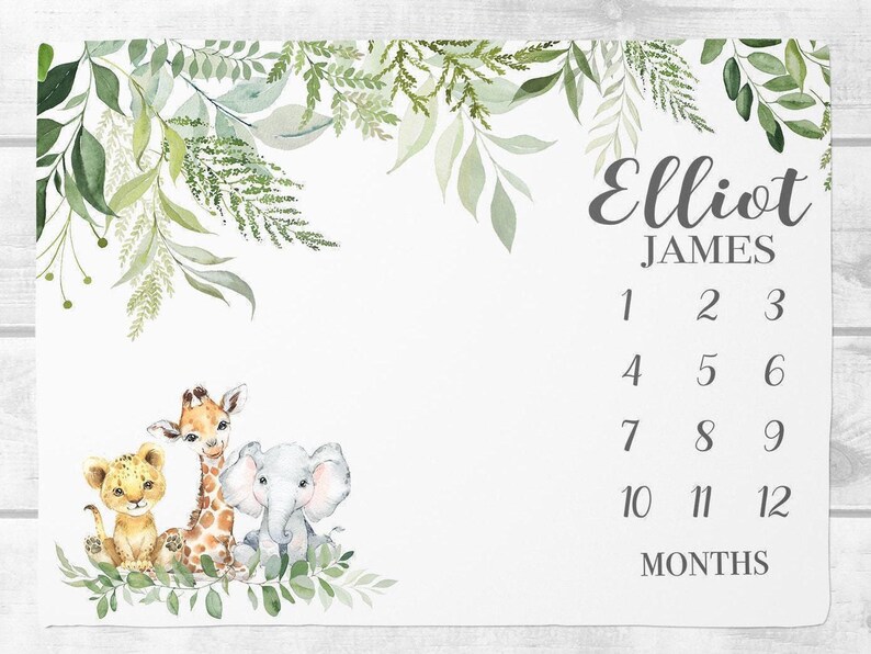 Safari Milestone Blanket Boy, Personalized Baby Boy Blanket, Safari Animal baby Blanket, Custom Blanket, Baby Gift, Baby Shower Gift SM114 image 1