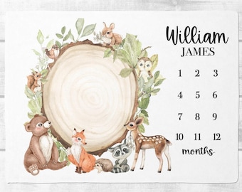 Woodland mijlpaaldeken, gepersonaliseerde mijlpaaldeken baby met bosdieren, aangepaste babymaanddeken, babyshowercadeau, A537
