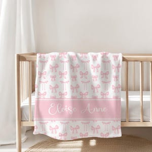 Personalized Pink Bow Blanket with Name, Personalized Baby Girl Blanket, Custom Toddler Girl Birthday Gift, Coquette Bow Shower gift SB587 image 2
