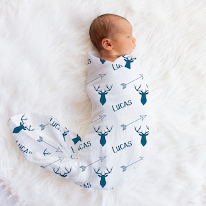 Baby Boy Swaddle Blanket Hat Set -Woodland Baby Shower Gift -Hospital Name Announcement -Personalized Baby Boy Blanket with Deer Antlers