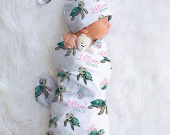 Baby Girl Sea Turtle Swaddle Blanket Headband Set - Ocean Baby Shower Gift Hospital Name Announcement -Personalized Baby Girl Blanket S562