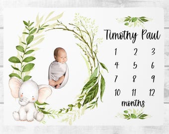 Baby Boy Milestone Blanket, Elephant Milestone Blanket,Personalized Baby Boy Month Blanket Safari Bedding, Elephant Baby Shower Gift