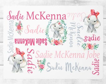 Personalized Baby Girl Blanket - Floral elephant Baby Blanket - Baby Name Blanket -Baby Shower Gift- Personalized Baby Gift -Custom Swaddle