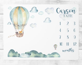 Hot Air Balloon Milestone Blanket Boy- Personalized Baby Boy Blanket  -Baby Boy Growth Tracker, Newborn Photo Prop, Newborn Baby Boy Gift