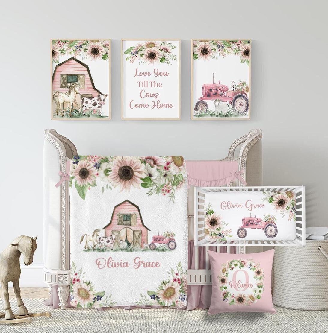 Baby Girl Farm Crib Bedding Set -Sunflower Barn Tractor Cow Crib Bedding Set- Farmhouse Nursery Bedding- Sunflower Country Crib Bedding- 585