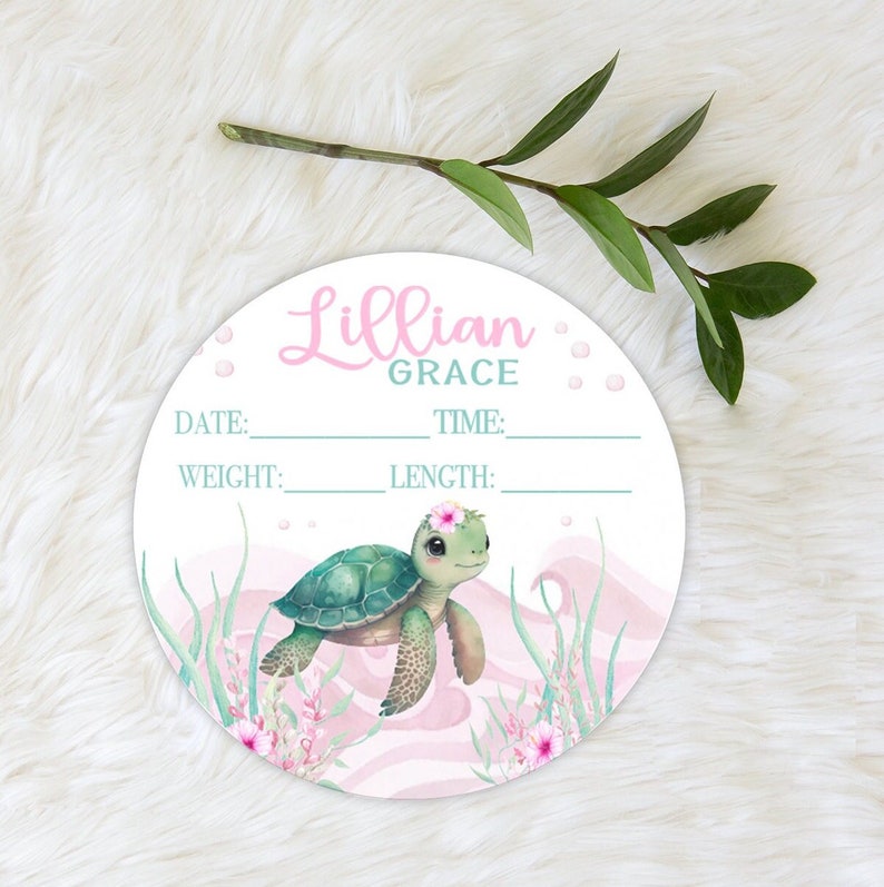 Girl Birth Stat Sign, Girl Sea Turtle Birth Stat Sign, Round Wood Birth ...