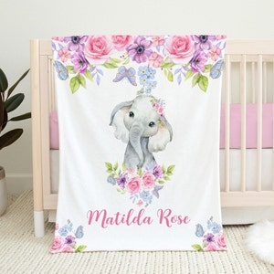 Personalized Baby Girl Blanket - Elephant Baby Blanket with Name - Baby Name Blanket -Baby Shower Gift- Personalized Safari Baby Bedding