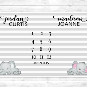 Twin Milestone Blanket with Elephants,  Boy Girl Twin Milestone Blanket, Personalized Baby Shower Gift for Mixed Gender Twins, Custom gift