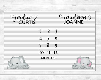 Twin Milestone Blanket with Elephants,  Boy Girl Twin Milestone Blanket, Personalized Baby Shower Gift for Mixed Gender Twins, Custom gift