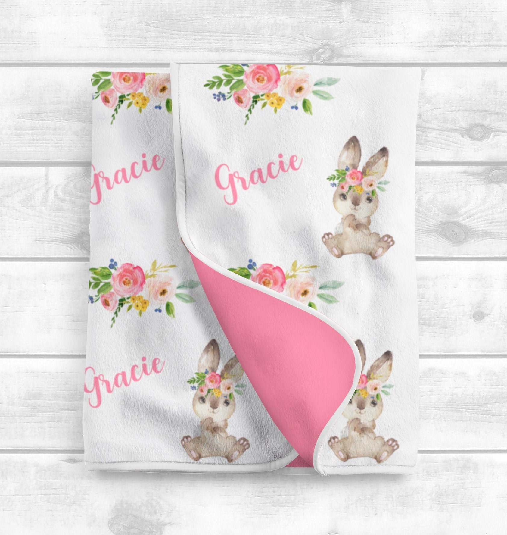 Personalized Baby Girl Blanket - Bunny Floral Baby Blanket - Baby Name Blanket -Baby Shower Gift- Personalized Baby Gift - Easter Gift