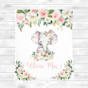 Personalized Baby Girl Blanket - Floral Elephant Baby Blanket - Baby Name Blanket -Baby Shower Gift- Elephant Nursery Custom Baby Gift