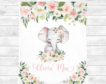 Personalized Baby Girl Blanket - Floral Elephant Baby Blanket - Baby Name Blanket -Baby Shower Gift- Elephant Nursery Custom Baby Gift