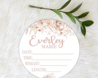 Girl Birth Stat Sign, Boho Wildflower Floral Birth Stat Sign, Round Wood Birth Stat Sign, Personalized Birth Stat Sign, Newborn Gift S908