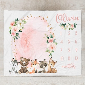 Baby Girl Woodland Animal Milestone Blanket, Floral Month Blanket Forest Creatures, Personalized Baby Girl Blanket, Baby Shower Gift SM573