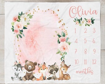 Baby Girl Woodland Animal Milestone Blanket, Floral Month Blanket Forest Creatures, Personalized Baby Girl Blanket, Baby Shower Gift SM573