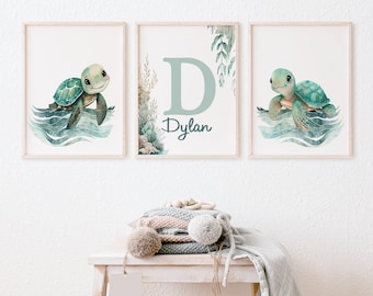 Baby Sea Turtle Art Prints - Set of 3 Personalized Ocean Nursery Prints- Baby Boy Ocean Nursery Wall Art - Under the Sea Nursery Decor A561