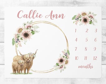 Baby Girl Highland Cow Milestone Blanket, Personalized Baby Month Blanket, Floral Baby Growth Tracker Blanket, Personalized Baby Shower Gift