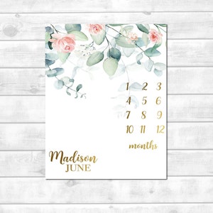 Blush Greenery Milestone Blanket Baby Month Blanket, Baby Girl Milestone Blanket Growth Tracker Baby Shower Gift Personalized Blanket Girl