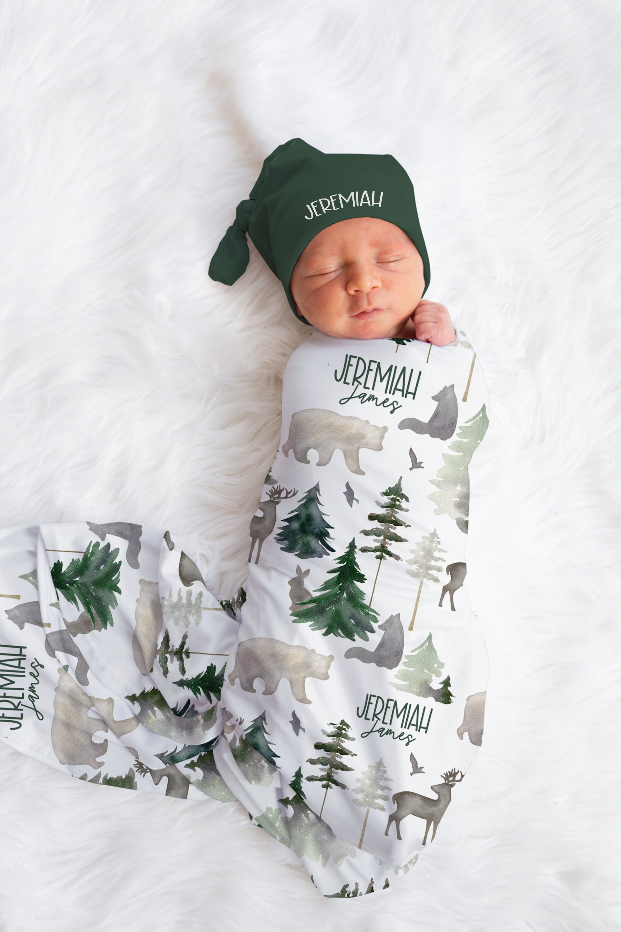 Personalized Woodland Blanket Hat Set -Custom Baby Shower Gift Hospital Name Announcement -Personalized Buck Bear Baby Blanket - SW547