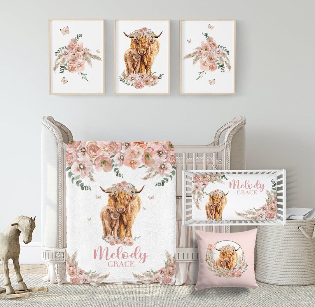 Baby Girl Crib Bedding Set boho Floral Highland Cow Crib Bedding Set Farmhouse Nursery Bedding