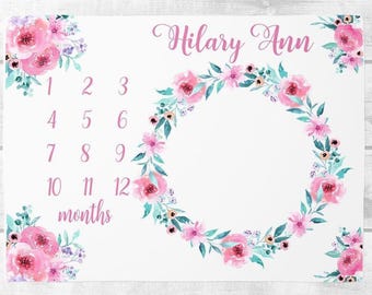 Floral Baby Meilenstein Decke, Monatliches Wachstum Baby Mädchen, personalisierte Baby Mädchen Decke, Rosa Türkis Blumenkranz Decke